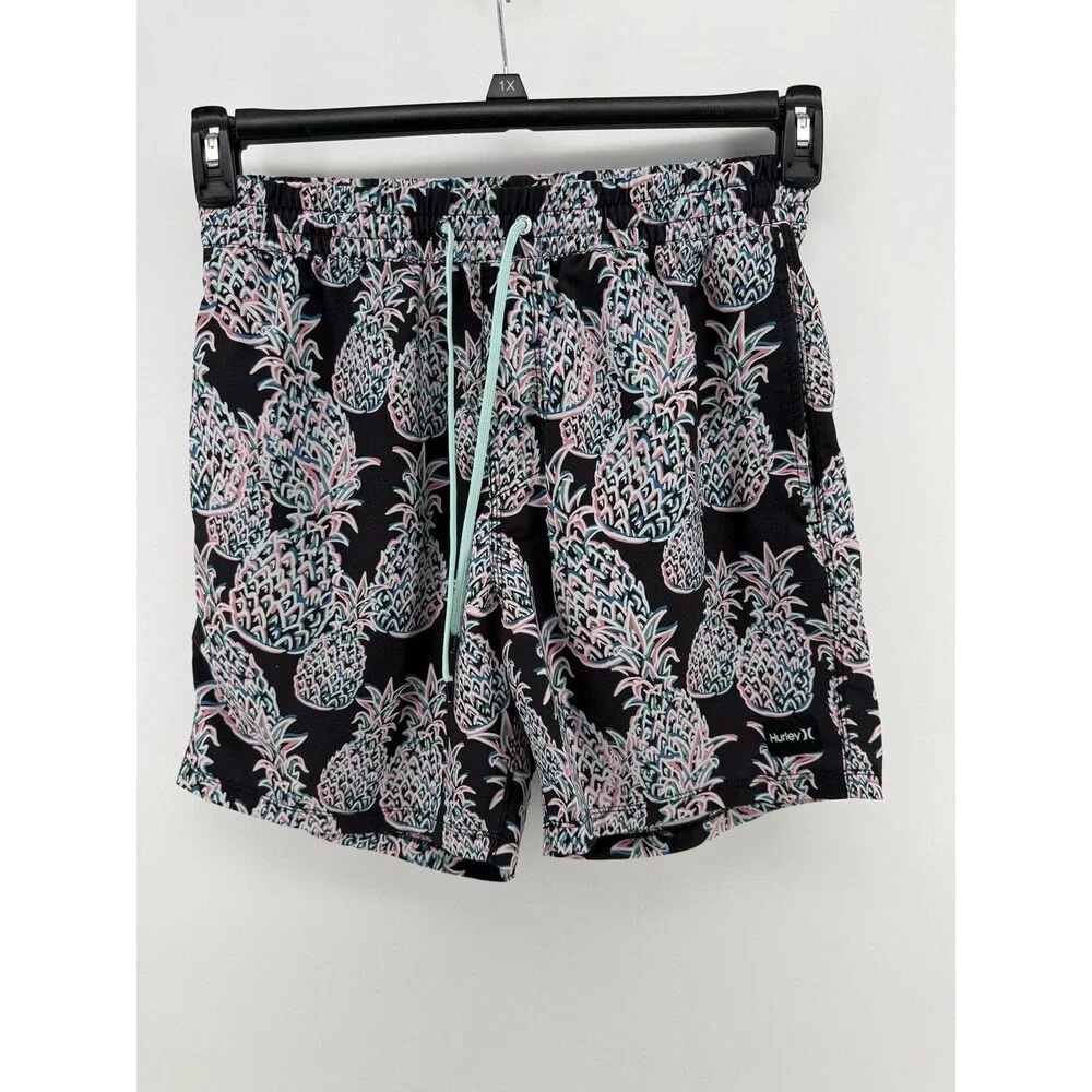 Hurley Mens M Swim Trunks Black Neon Pineapple Board Shorts Drawstring Pocket